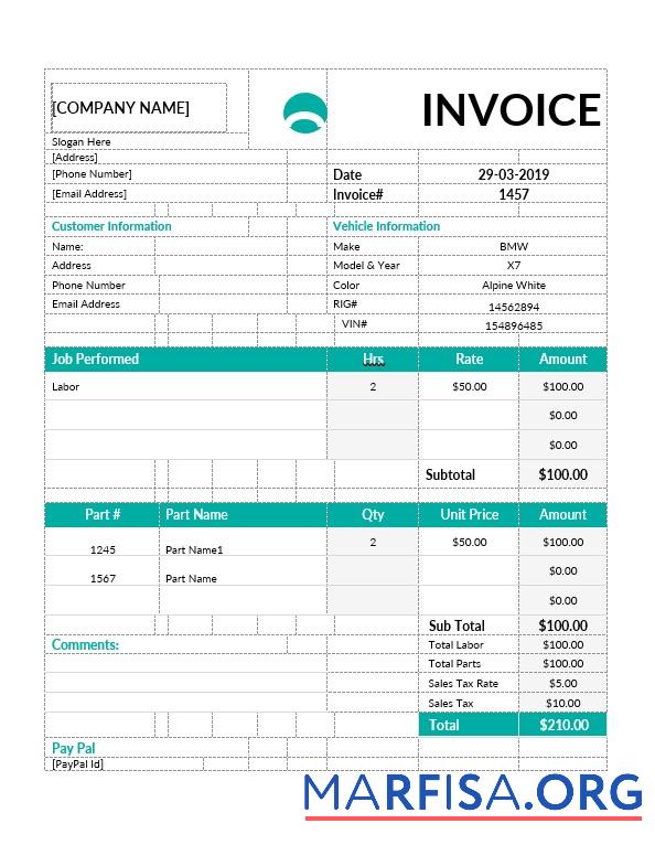 Realistic Car Repair Invoice Template